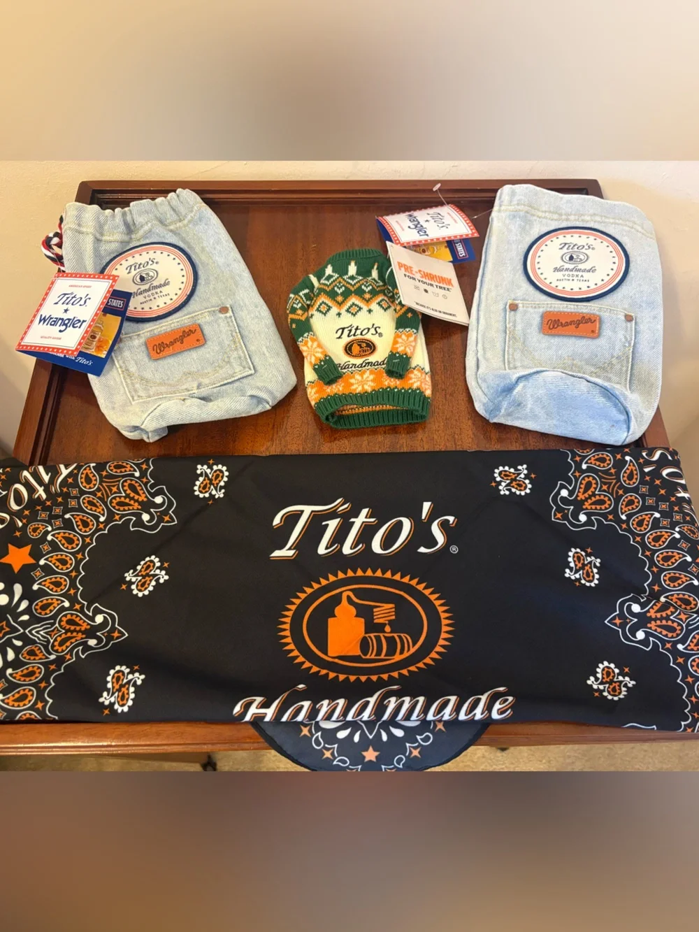Tito’s Vodka Denim Gift bags & Christmas Bottle Sweater with a Bandana
